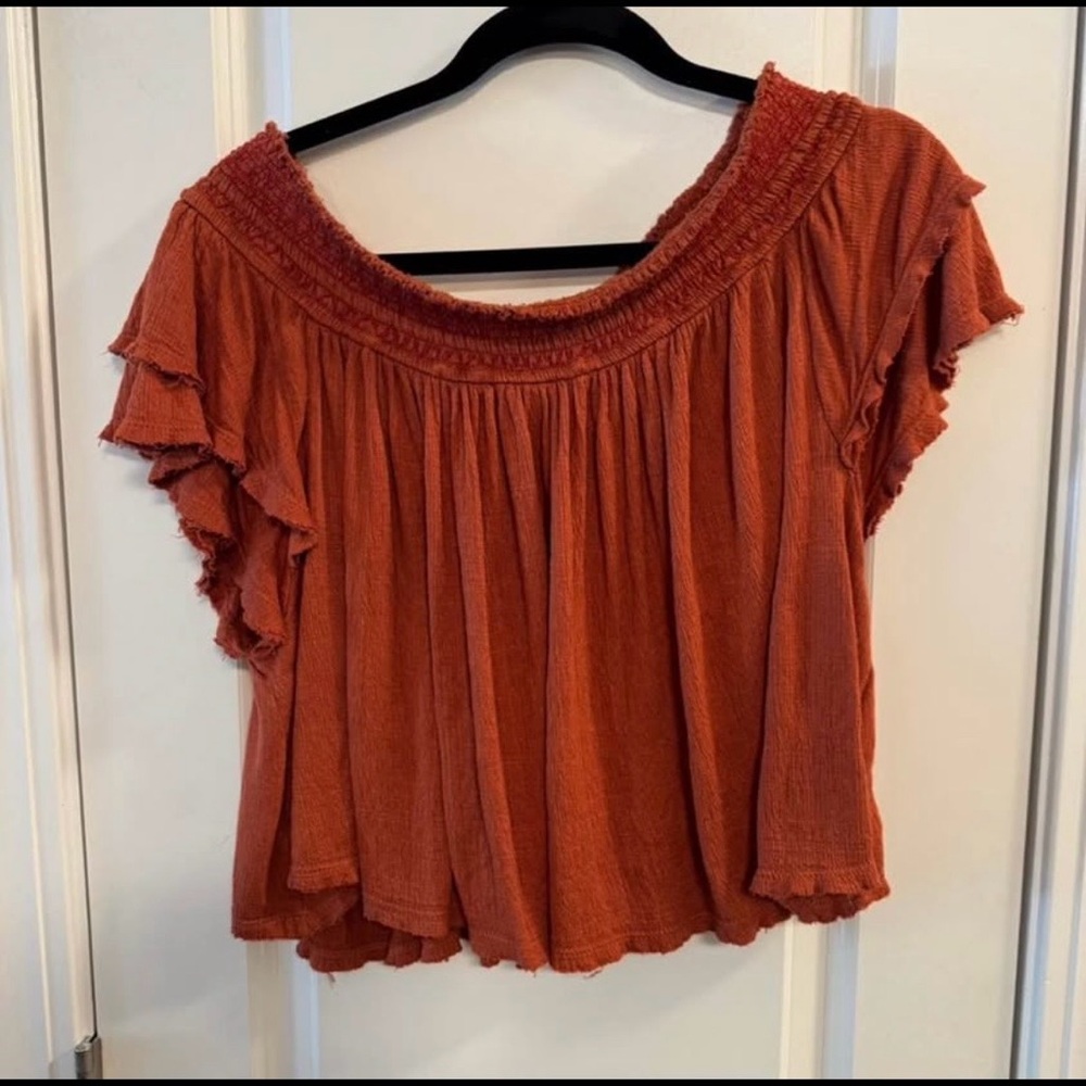 Free People Rust Smocked Off-Shoulder Women's Top